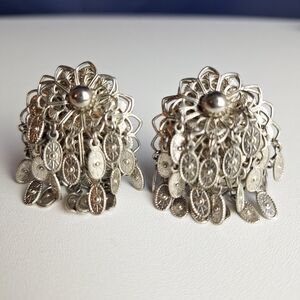 Vintage silvertone Filigree Cluster Clip On Earrings Dangle Cluster Medallions